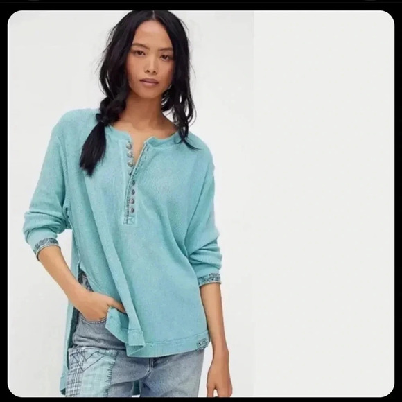 Free People Tops - Free People We The Free Teal Fall For You Henley Bandana Elbow Patch The…
